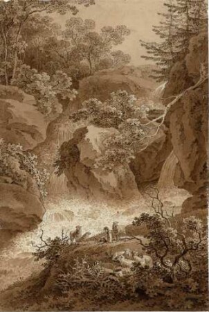 Gebirgslandschaft mit Wasserfall und Schafherde (Beuthenfall im Kirnitzschgrund?)