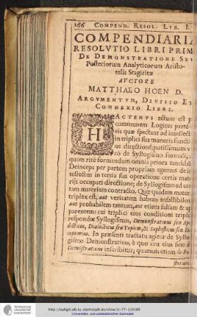 COMPENDIARIA RESOLVTIO LIBRI PRIMI DE DEMOSTRATIONE SEV Posteriorum Analyticorum Aristotelis Stagiritae