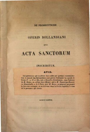 De prosecutione operis Bollandiani quod acta Sanctorum inscribitur