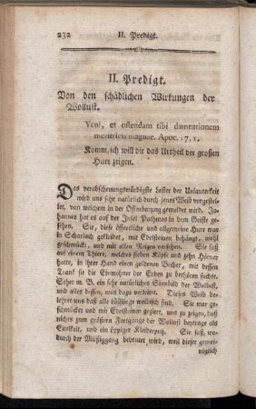 II. Predigt. Von den schädlichen Wirkungen der Wollust.