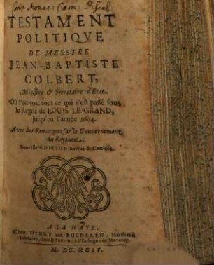 Testament politique de M. Jean Bapt. Colbert