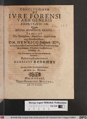 Conclusionum De Iure Forensi Varii Generis Exercitatio IX.