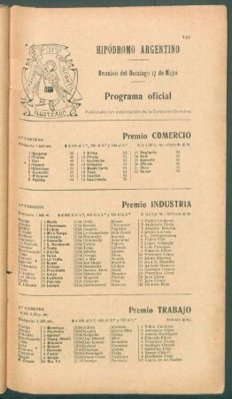 Hipódromo Argentino - Reunión del Domingo 17 de Mayo [de 1908] - Programa oficial