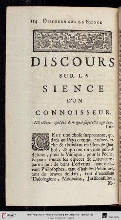 Discours sur la sience d’un connoisseur