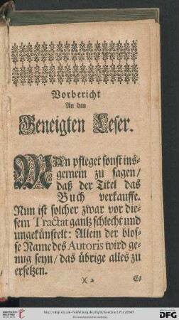 Vorbericht an den Geneigten Leser