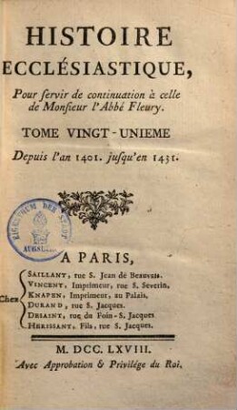 Histoire ecclesiastique : Avec la continuation par J. Cl. Fabre, 21. Continuation