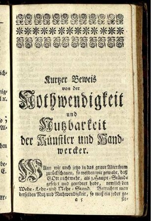 Kurzer Beweis von der Nothwendigkeit und Nutzbarkeit der Künstler und Handwercker.