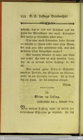 74. Gleim an Lessing. Halberstadt, den 4. Februar 1774