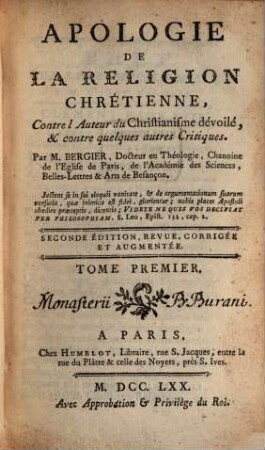 Apologie De La Religion Chrétienne Contre l'Auteur du Christianisme dévoilé & contre quelques autres Critiques, 1