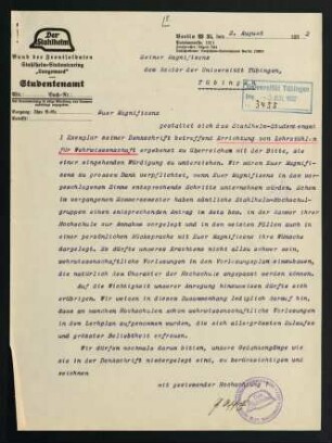 Korrespondenz bezügl. Aufnahme wehrwissenschaftlicher Vorlesungen in Vorlesungsprogramm