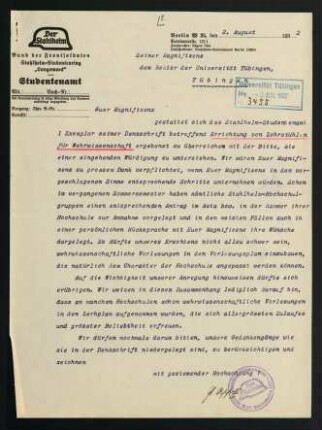 Korrespondenz bezügl. Aufnahme wehrwissenschaftlicher Vorlesungen in Vorlesungsprogramm