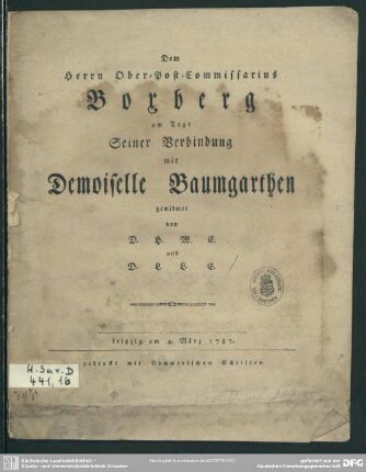 Dem Herrn Ober-Post-Commissarius Boxberg am Tage Seiner Verbindung mit Demoiselle Baumgarthen gewidmet
