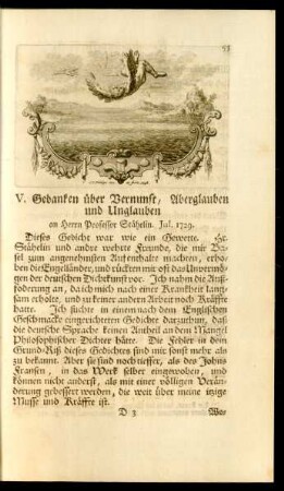 V. Gedanken über Vernunft, Aberglauben und Unglauben an Herrn Professor Stähelin. Jul. 1729.