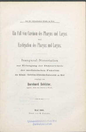 Ein Fall von Carcinom des Pharynx und Larynx und Exstirpation des Pharynx und Larynx