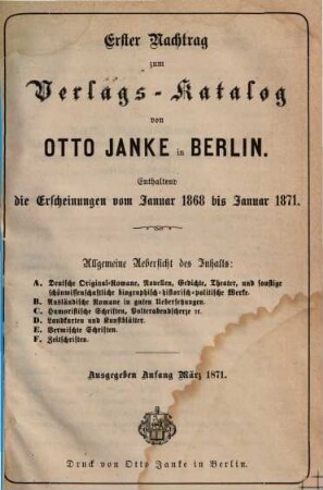 Verlags-Katalog ... von Otto Janke in Berlin. 1868/71 (1871) = Nachtr. 1