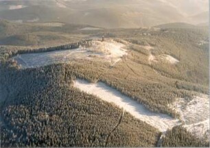 Thüringer Wald. Kickelhahn (861 m) bei Ilmenau mit Aussichtsturm und Sendeturm. Luftbild-Schrägaufnahme