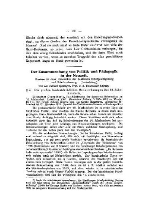 Der Zusammenhang von Politik und Pädagogik in der Neuzeit : Umrisse zu einer Geschichte der deutschen Schulgesetzgebung und Schulverfassung ; (Fortsetzung)