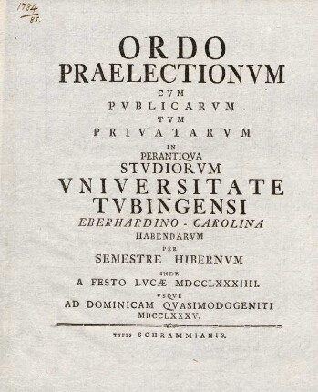 Vorlesungsverzeichnis 1784/85