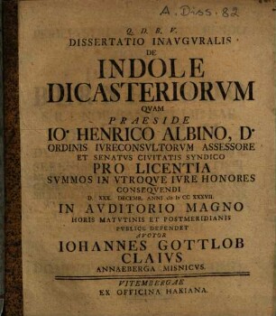 Dissertatio inauguralis de indole dicasteriorum