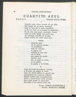 Cuartito azul : Tango. Editorial Julio Korn