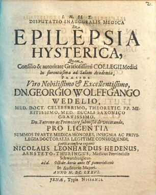 Disputatio Inauguralis Medica De Epilepsia Hysterica