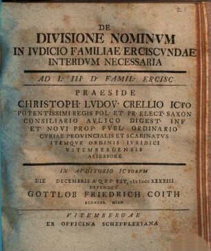 De divisione nominum in iudicio familiae erciscundae interdum necessaria : ad L. III D. famil. ercisc.