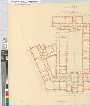 Neubau des Geschäftsgebäudes der Kgl. Eisenbahndirektion Essen, Blatt 2: Grundriß Erdgeschoß, M. 1:100 Hgv, Sknr.: 1, Fanr.: 7, Bunr.: 11