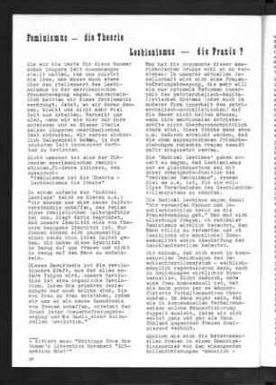 Feminismus - die Theorie Lesbianismus - die Praxis? Früher Artikel über Lesben in den USA (efa, Heft 1, 1973, S. 17-20). Die Autorin wird nicht benannt, Ursula Linnhoff plante zu der Zeit ihr Buch "Die Neue Frauenbewegung. USA - Europa seit 1968".