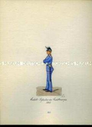 Uniformdarstellung, Gefreiter des Kadetten-Korps, 1865. Aus: Sammelmappe "Sachsens Militär", Königliche Arsenalsammlung.