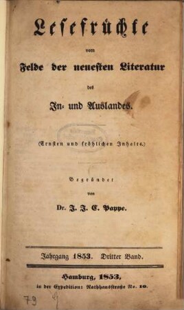 Lesefrüchte vom Felde der neuesten Literatur des In- und Auslandes. 1853,3, 1853,3