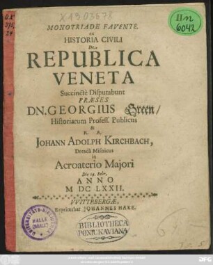Monotriade Favente. ex Historia Civili De Republica Veneta