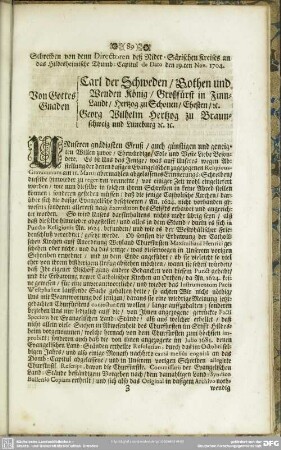 Schreiben von denn Directoren deß Nider-Säxischen Kreises an das Hildesheimische Thumb-Capitul de Dato den 19.ten Nov. 1704
