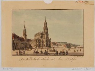 Die Katholische Hofkirche in Dresden, Blick über den Schlossplatz vom Sächsischen Ständehaus (Fürstembergischen Haus) nach Westen, mit dem Residenzschloss und dem Georgenbau
