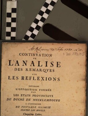 Analise Des Remarqves Svr Les Reflexions Tovchant L'Opposition Formée Par Les Etats Provinciavx Du Duché De Mecklembourg : A L'Obtention Du Privilege Illimité Contre Les Appels. En forme de Lettre, Cinquiéme Lettre