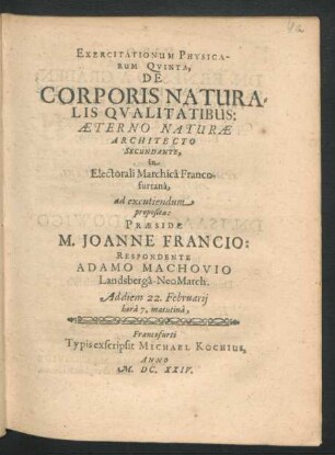 Exercitationum Physicarum Quinta, De Corporis Naturalis Qualitatibus