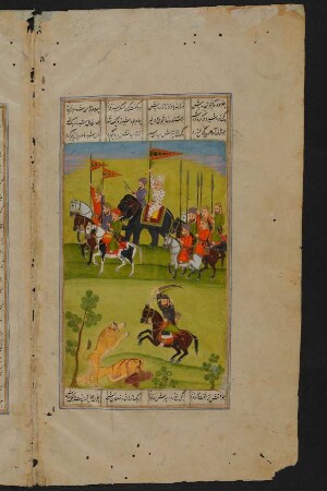 Illustration: Isfandyār tötet zwei Löwen