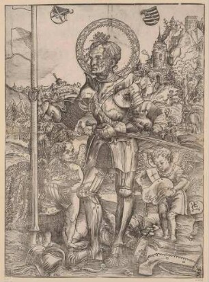 Der heilige Georg, stehend mit zwei Engeln