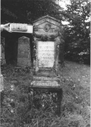 Grabstein 124 (Index: 99800070) Material: Sandstein, Schriftplatte Marmor Zustand: verwittert Maße HxBxT: 168x55x25 cm Beschreibung: Stele, Giebel mit Verdachung, rechteckige eingelassene Schriftplatte, getreppter Sockel Symbolik: Feston: Grabstein 124