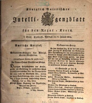 Königlich Bayerisches Intelligenzblatt für den Rezat-Kreis. 1819