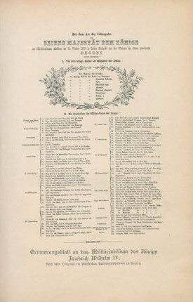 Erinnerungsblatt an das Militärjubiläum des Königs Friedrich Wilhelm IV.