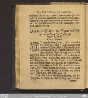 Von der trefflichen/ Krefftigen/ vielfeltigen wirckung des Indianischen Holtzes. Das V. Capittel.