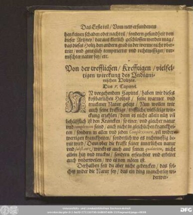 Von der trefflichen/ Krefftigen/ vielfeltigen wirckung des Indianischen Holtzes. Das V. Capittel.
