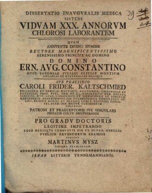 Dissertatio Inavgvralis Medica Sistens Vidvam XXX. Annorvm Chlorosi Laborantem