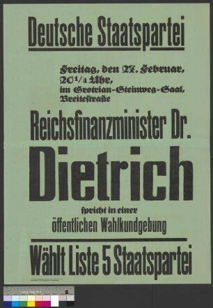 Plakat der Deutschen Staatspartei (DStP) zu einer Wahlkundgebung am 27. Februar 1931 in Braunschweig