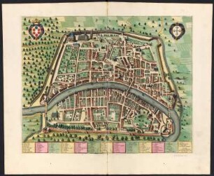 Stadtplan von Pisa, Italien, kolorierter Kupferstich, ca. 1730 : Pisa : Avec Privilege / I. Blaeu Excud. - [Ca. 1:4.000]. - Amsterdam : Pierre Mortier, s.a. [ca. 1730]. - 1 Plan : Kupferstich ; 42 x 53 cm. - Titel oben links. - Mit Gebäudeverz.