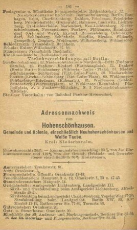 Adressennachweis von Hohenschönhausen. Gemeinde und Kolonie, einschließlich Neuhohenschönhausen und Weiße Taube. Kreis Niederbarnim