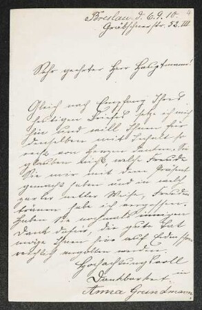 Brief von Anna Grundmann an Gerhart Hauptmann