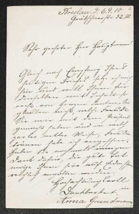 Brief von Anna Grundmann an Gerhart Hauptmann