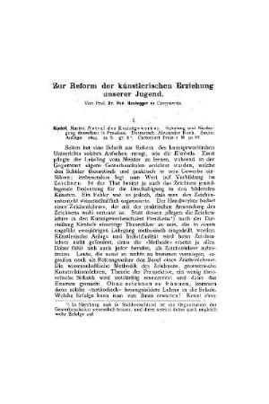 Zur Reform der künstlerischen Erziehung unserer Jugend