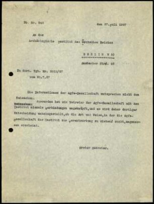 E. Buschor an DAI Zentrale